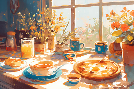 水彩杯子清晨桌面上的美食插画