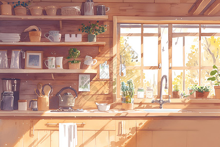 厨房桌椅效果图小屋内部的厨房插画