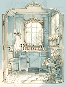 古典镜子古典浪漫浴室插画