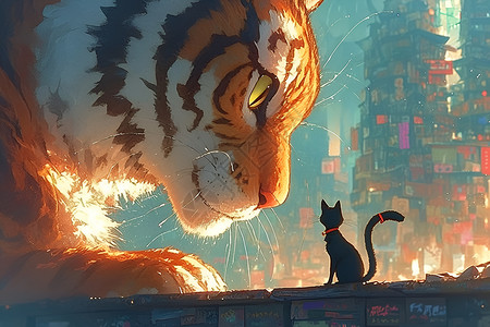 俯视城市风景黑猫勇敢地面对凶猛的老虎插画