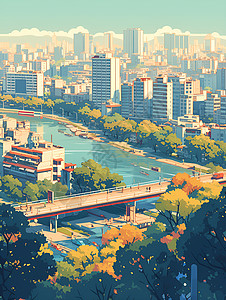 城市最大立交桥河流穿过城市插画