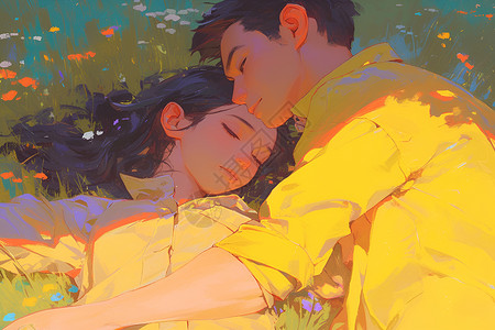 相拥热吻草地上睡觉的情侣插画