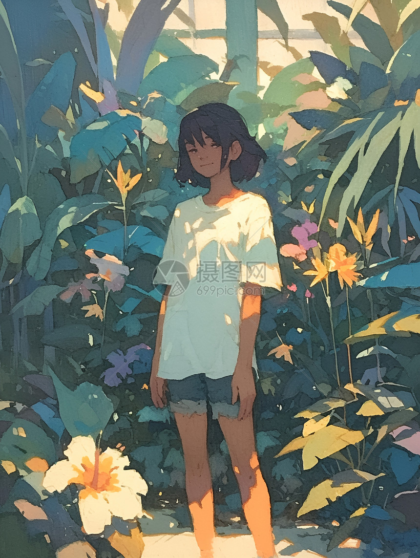女孩站在花丛前图片