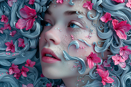 女性面部闭眼彩妆展示被花朵包围的美女插画