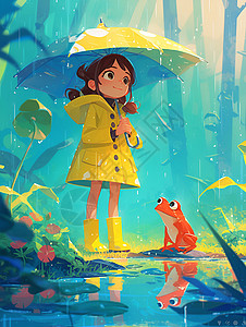 红耳蛙雨中少女与红蛙插画