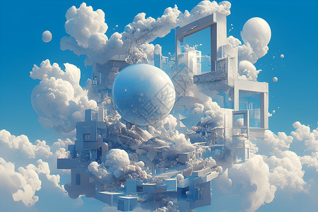 线条形状浮云与方块梦幻建筑插画