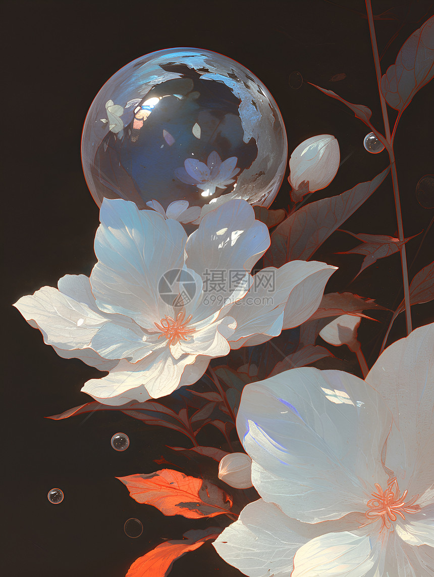 玻璃球中的自然主题花朵图片