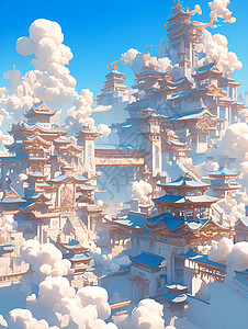 蓝天白云下的古城背景图片