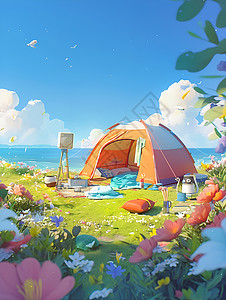 海边的野营帐篷背景图片