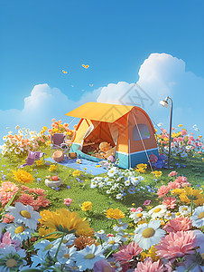 春天花海中的帐篷背景图片