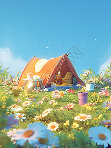 春天花海中的露营帐篷背景图片