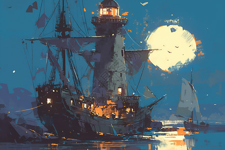 夜晚的船和灯塔背景图片