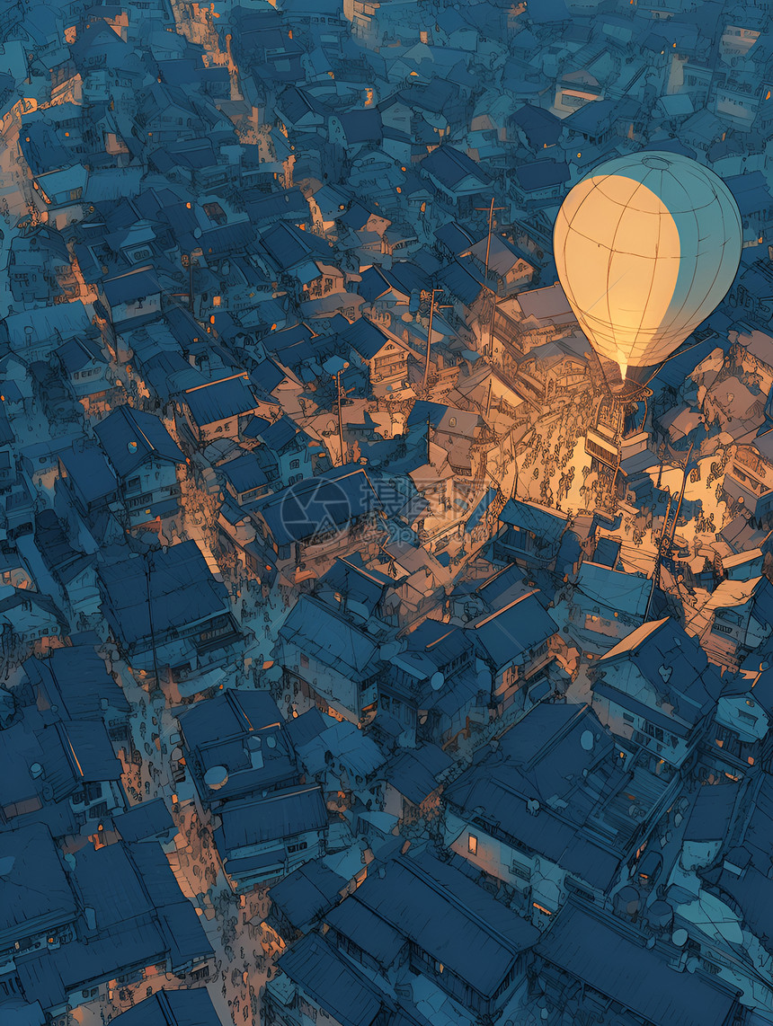 夜幕下城市热气球图片