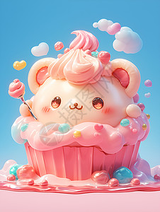 动物奶油杯子蛋糕里的小猫咪插画