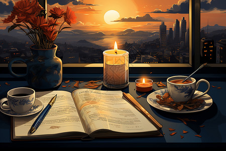 红蜡烛烛光烛光下的书本和笔插画