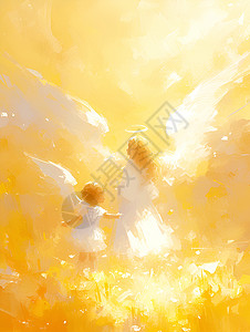 母性光辉草地上的两个天使插画