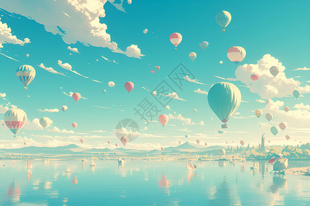 湖畔的热气球背景图片