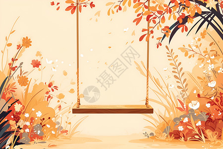 秋天里摇动的木秋千背景图片
