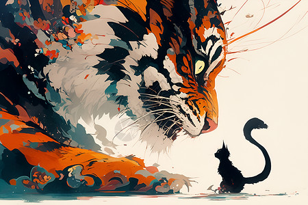 凶狠眼神勇敢面对老虎的猫插画