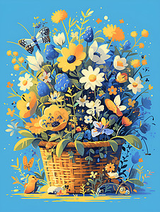 篮子里鲜花篮子里的花朵插画