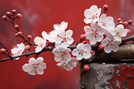 红墙前的梅花背景图片