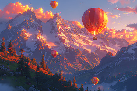 热气球穿越壮丽山脉背景图片