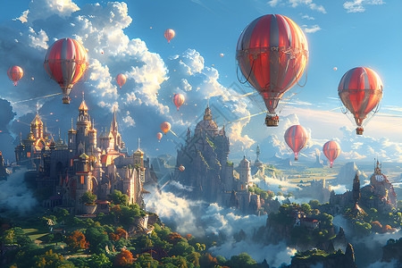 城市围绕城堡被热气球围绕插画