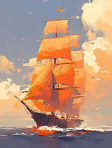 大海船只风中飞舞的木船插画