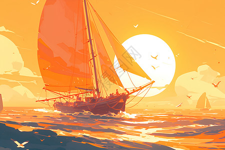 帆船日出日出下一艘木船在大海中航行插画