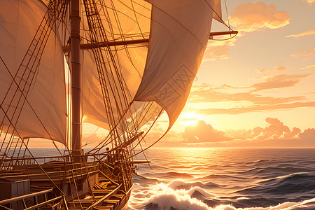 帆船日出海上航行的帆船插画