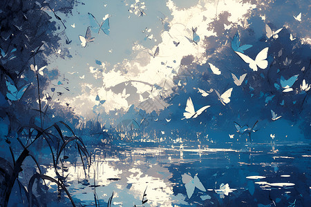 湖面上的蝴蝶飞舞背景图片