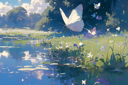 沉静的池塘飘过蝴蝶背景图片