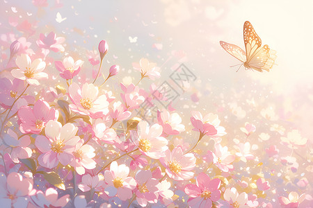 粉色花卉代金券粉色花海中舞动的蝴蝶插画