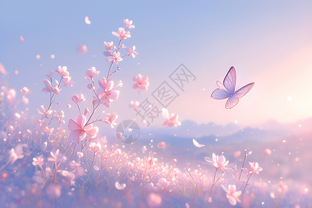 唯美金蝴蝶粉色花海中的蝴蝶插画