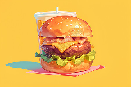 牛肉汉堡包汉堡和可乐插画