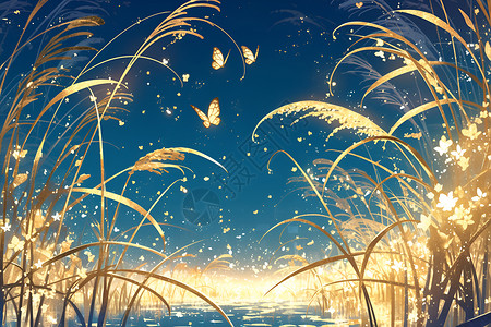 魔法现实金色蝴蝶与芦苇背景图片
