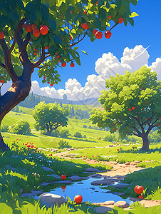 苹果种植仙境中的苹果林插画