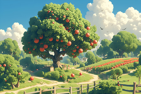 果树种植缤纷苹果园插画