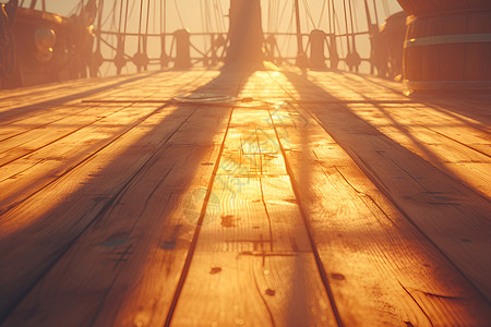竹木地板夕阳下的船板插画