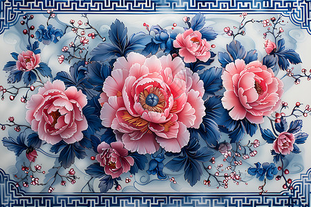青花艺术陶瓷青花白瓷盘上的牡丹纹饰插画