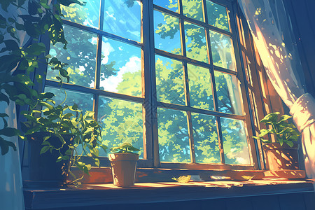 透过窗户看宁静美景晨光透过窗户洒向小屋插画