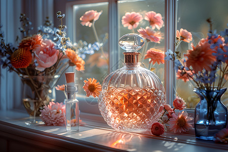 水晶冻窗前花影和瓶子背景