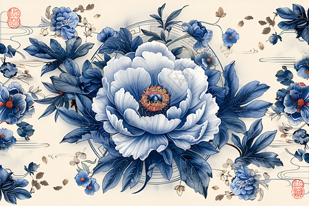 传统牡丹青花瓷白地蓝花纹插画