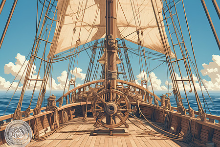 船舷蓝天下的木船插画