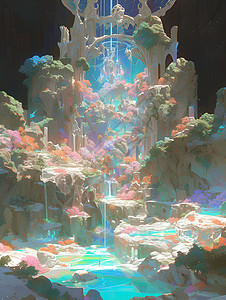 梦幻的瀑布和山脉背景图片