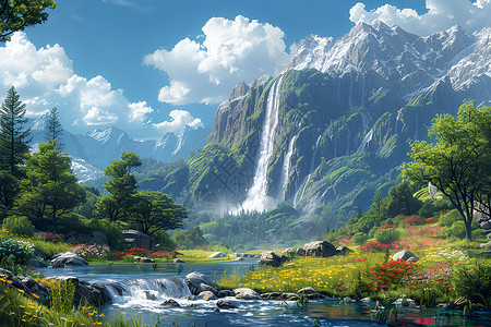壮观瀑布山谷中的瀑布插画