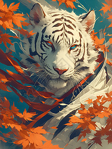 踩枫叶秋叶中的白色老虎插画
