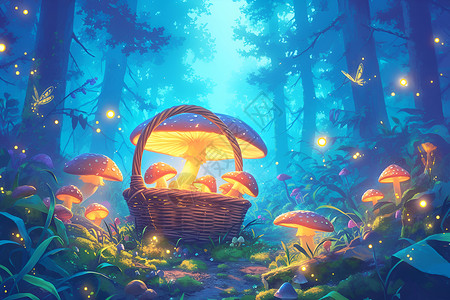 蘑菇在篮子里奇幻森林中的篮子插画