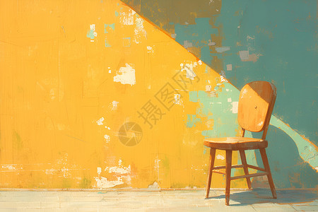 卡通木质招牌黄墙下的木头椅子插画