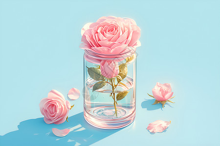花瓶里玫瑰花玻璃瓶里的玫瑰花插画